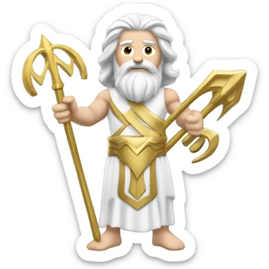 white man Poseidon with gold Trident. long white hair white dress.  with tools sticker