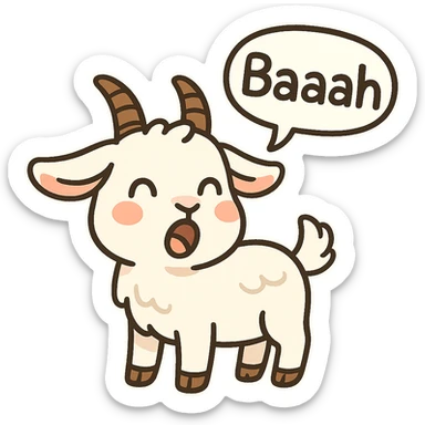 cute cartoon sticker style goat with mouth open, 'baaah' in a speech bubble, simple background sticker