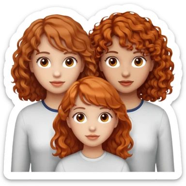 three girls side by side, left girl light skin curly brown hair brown eyes, center girl light skin wavy orange hair light brown eyes, right girl light skin light brown hair with bangs brown eyes sticker