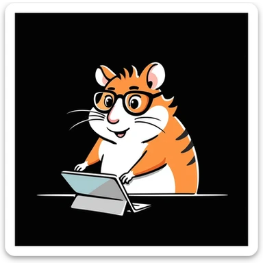 unique colorful hand-drawn modern semi-realistic hamster with cool glasses creating a design or making animations showing creative action on solid black background illustrated in Procreate on an iPad sticker