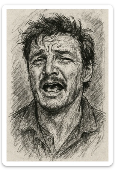 hand-drawn sketch of Pedro Pascal with expressive face sticker