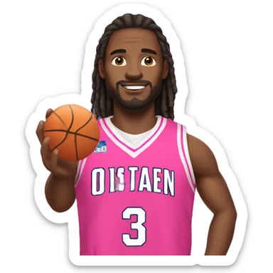 An emoji of a white-skinned man with slightly long hair, wearing a pink basketball jersey and holding a pink basketball sticker