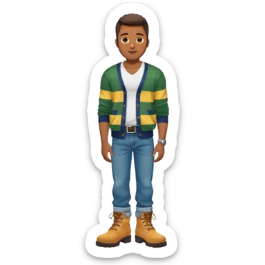 Handsome Black guy with brown skin tone, with lean muscular build, wearing baggy blue jeans, a white v-neck t-shirt, a yellow and green striped cardigan sweater, and timberland boots  sticker