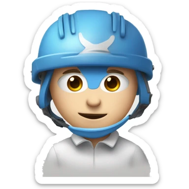 cross-eyed white child with a blue helmet and a pencil in his nose and some buck teeth sticker