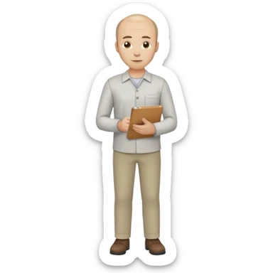 man, mid 30's shirt and trousers balding hairline, full body, standing, holding a clipboard sticker
