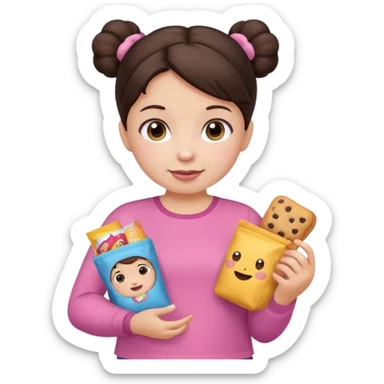 Cute small Toddler emoji with two buns dark brown hair, fair skin, in pink top, holding toddler snacks sticker