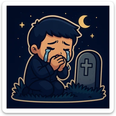 Make the scene night time with a man crying over a grave in the style of cartoonish stickers. Highlight the night mood and sadness, keeping the sticker style. sticker