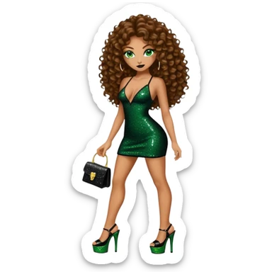 Half naked green eyes brown long curly hair woman, gang drug lord mafia boss style with 7 inch platform stripper high heels black glitter dress sticker