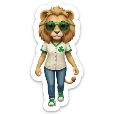 confident anthropomorphised female lion wearing baseball shirt and jeans with shamrock and green accents, dark sunglasses, walking upright, looking self-assured sticker