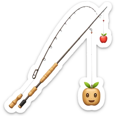 Genmoji-style bamboo fishing rod emoji, simple beginner rod, smooth rounded Apple-style shapes, soft gradients, small reel, exactly one fishing line hanging from the tip, 3/4 angle, clean silhouette, no hook, no text, transparent background sticker