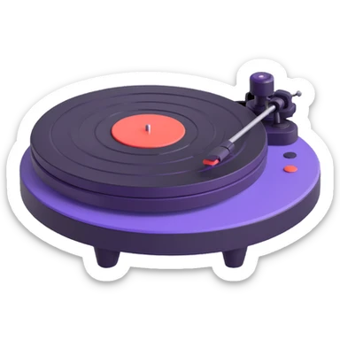 Make the Technics-style turntable look more vintage with playful rounded features in a Disney Pixar 3D style. Use black and purple as the main colors, avoid neon colors entirely, and keep the look vintage and playful without neon. sticker