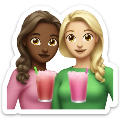 Brown haired girl and blonde haired girl holding pink and green drinks sticker