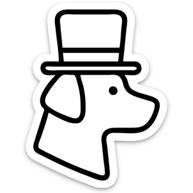 outlined icon of a dog with a tophat, clean lines sticker