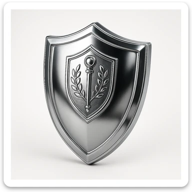 a chrome shield with a staff emblem, symbolizing protection, unity, and the best qualities of the staff team sticker