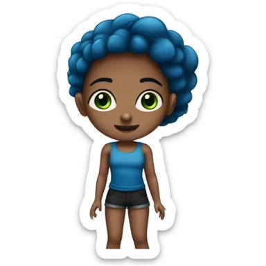 Niña con pelo marrón ojo verde con azules ropa una camiseta Top negro, unos pantalones Short azules sticker