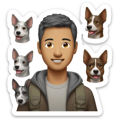 Asian man with brown and grey Australian cattle dog  sticker