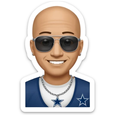 bald mexican cholo with square black sunglasses no facial hair no earrings with face dimples wearing a silver necklace with H on it and wearing cowboys jersey sticker