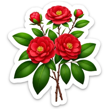 bouquet Red Camellia, luxuriant, stem, leaf sticker