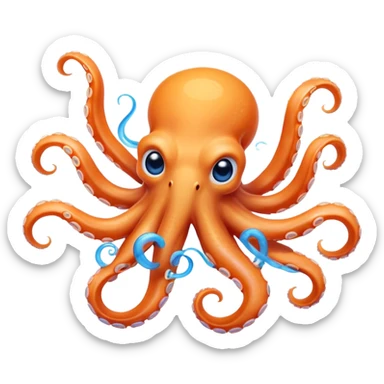 Cinematic Comical smirking Octopus Portrait Emoji, Head tilted dramatically with an exaggeratedly amused expression, featuring a rotund, light orange body festooned with bold blue rings and eight wildly expressive arms with comically animated suckers, Simplified yet hilariously expressive features, highly detailed, glowing with a slightly sassy underwater glow, high shine, dramatic yet playful, stylized with an air of quirky marine mischief, soft glowing outline, capturing the essence of a meme-worthy octopus that looks ready to squirt its way into viral fame! sticker