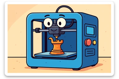 3D printer, playful cartoon style, fun, exaggerated features, bright colors sticker
