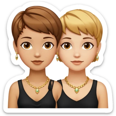 Fair skin and caramel colored besties with brown hair pixie cuts wearing jewelry   sticker