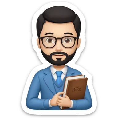 a pretty bratz teacher male with black hair, spectacles on, holding a book in hand and a chocolate in the other. bearded sticker