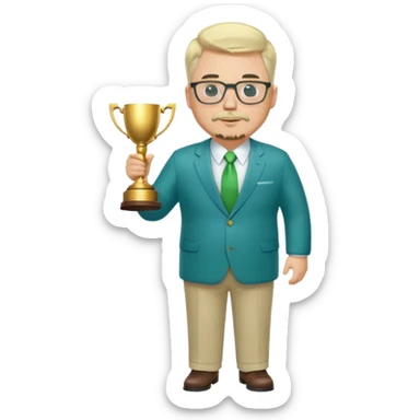 Full Body white fat male  wearing glasses with a goatee with light blonde gray very short hair basketball head Coach in blue and green suit holding trophy sticker