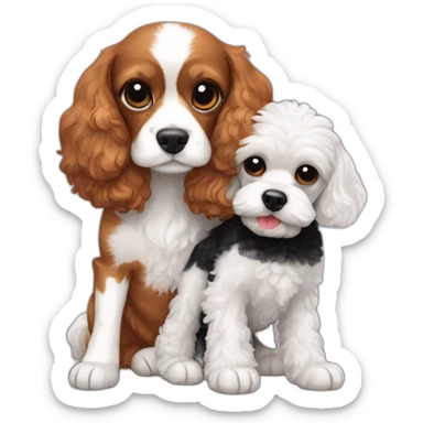 white and ginger  cavalier king charles spaniel and black mini poodle cuddle each other  sticker