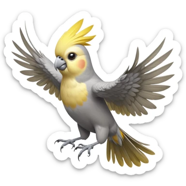 cinematic-[cockatiel]-realistic-full-body-perched-emoji,-wings-out-flying,-head-tilted-dramatically,-sleek-[yellow and grey]-feathers,-simplified-yet-realistic-focused-features,-highly-detailed,-glowing-with-an-almost-sarcastic-glow sticker