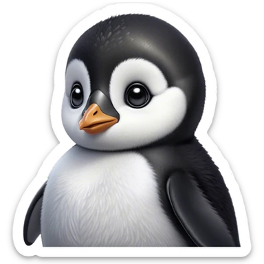 Cinematic Noble Baby Penguin Portrait Emoji, Poised with an air of innocent regality, featuring soft, downy feathers in crisp black and white and wide, soulful eyes, Simplified yet sharp and sophisticated features, highly detailed, glowing with a gentle, dignified polar glow, high shine, intelligent and charming, stylized with an air of cherubic majesty, focused and attentive, soft glowing outline, capturing the essence of a tiny arctic noble that feels as though it could waddle out of the screen with effortless authority! sticker