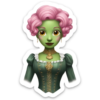 a green amazon alien woman in Victorian white gold full body pink hair sticker