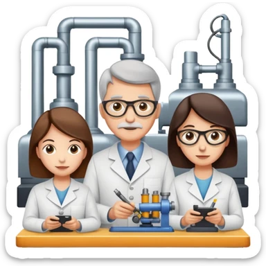 factory assembly line with students and professor symbolizing production management sticker