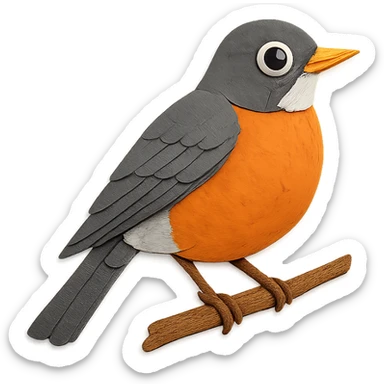 American Robin on a branch, layered paper details, bright orange breast, gray and white plumage, expressive eye sticker