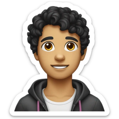 Young russian programmer with curly black hair with dog Entlebucher zennenhund sticker