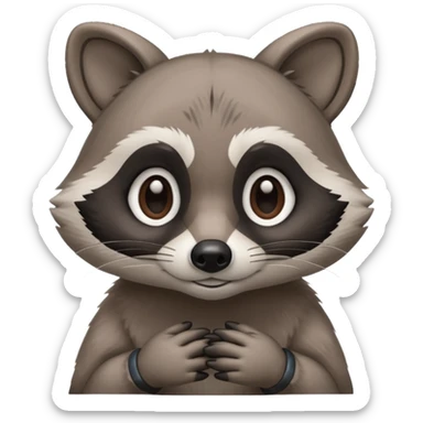 raccoon mascot thinking softly, hand on chin, curious expression, rounded shapes, minimal detail, smooth cartoon shading, ASD-friendly sticker