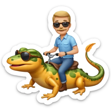 Mustachioed man with sunglasses riding a salamander on a river sticker