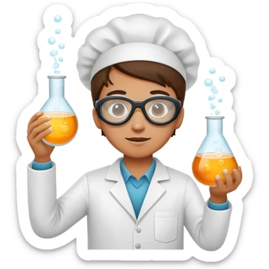 person doing a science experiment wearing lab goggles and holding a bubbling beaker sticker