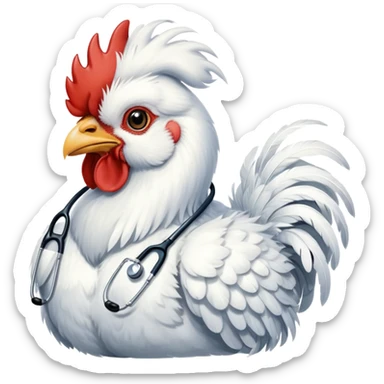 A White Silkie Bantam rooster wearing a doctor's stethoscope. The head feathers look like a large, fluffy wig. sticker