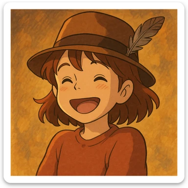 girl wearing a brown fedora with a feather, cheerful, warm lighting, ghibli style sticker