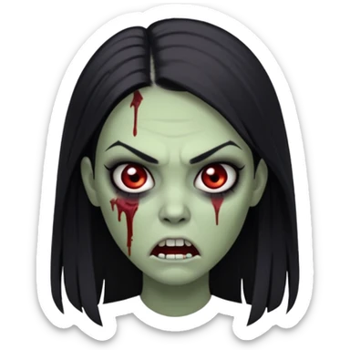 девушка зомби с темными длинными прямыми волосами, с черными макияжем глаз, тонкими бровями, со злым выражением лица в стиле Apple avatar sticker