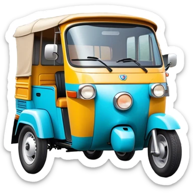 Cinematic Realistic Tuk Tuk Emoji, depicted as a vibrant iconic three-wheeled vehicle with bold colors and a compact design, rendered with crisp textures and dynamic urban lighting that captures its quintessential Thai charm. sticker