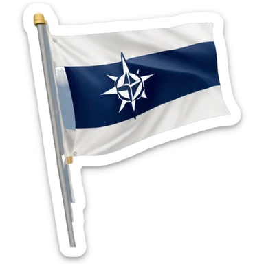 Generate a rectangular, symmetrical NATO flag with a dark blue background and a white compass rose, waving in the wind. No poles or extra elements sticker