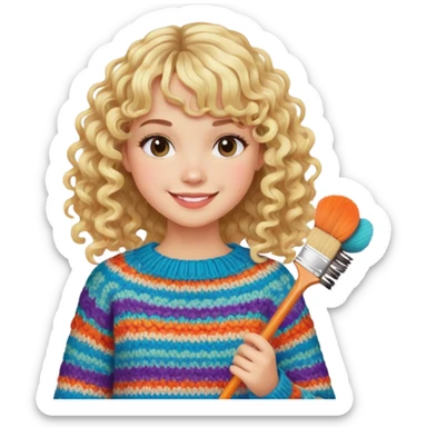 smiling model girl with curly blonde hair and bangs with brushes and colourful  knitted sweater sticker