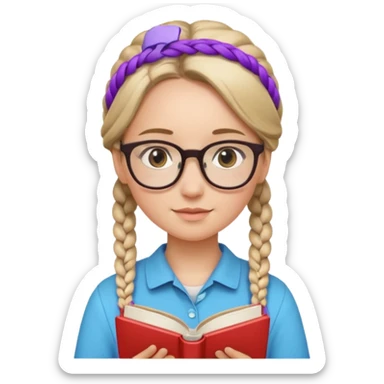 A student, girl, braid hair, wearing glasses, hold book in front of their chest sticker