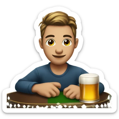 A young man at a poker table with a beer sticker