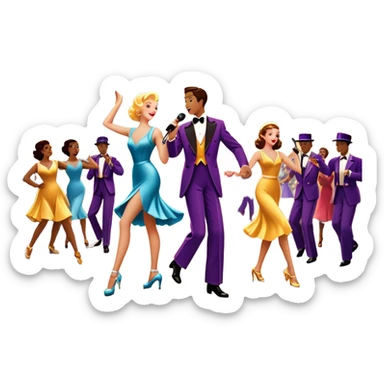 Vintage movie poster-style icon for a musical film. A vibrant street scene with bright lights, dancers mid-step, a singer with a microphone, and a jazz band playing. The cityscape glows in the background, evoking the golden era of musicals. Transparent background. sticker