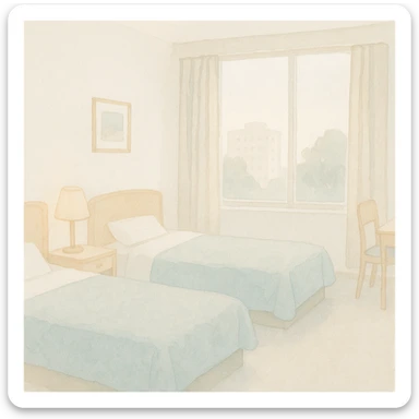 Remove the girl from the hotel room with two single beds. Maintain the soft watercolor illustration style with pastel colors, delicate linework, a gentle, whimsical mood, anime-inspired features, and minimal, soft shading. sticker