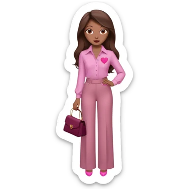  emoji, inspired with brunette hair, brown eyes, long hair, heart shape lips and pink make up  and pink nails, mauve pink blush and brown wide leg pants, burgundy shoulder drop shirt, brown heels , princess hair, brown heels, no floating hearts  sticker