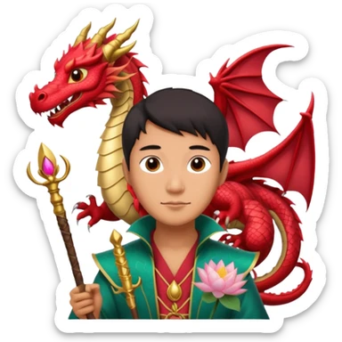 man with asian dragon, scepter, buddhism, lotus sticker
