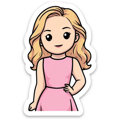 Sabrina Carpenter blonde singer in her Short n' Sweet era, pink dress and glamorous sticker